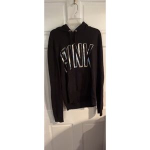 PINK Victorias Secret Holographic Black Long Sleeve Hoodie Large